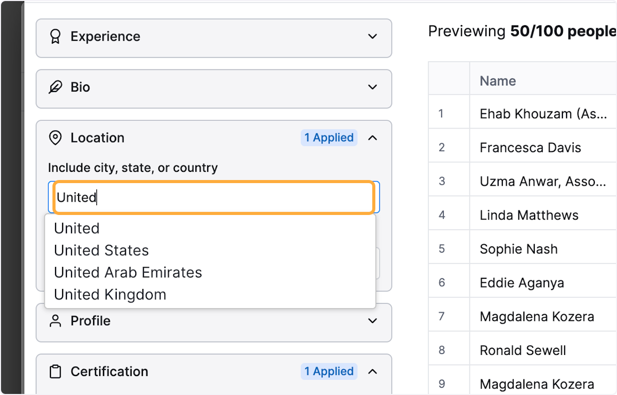 Filter further by location. In this example United Kingdom