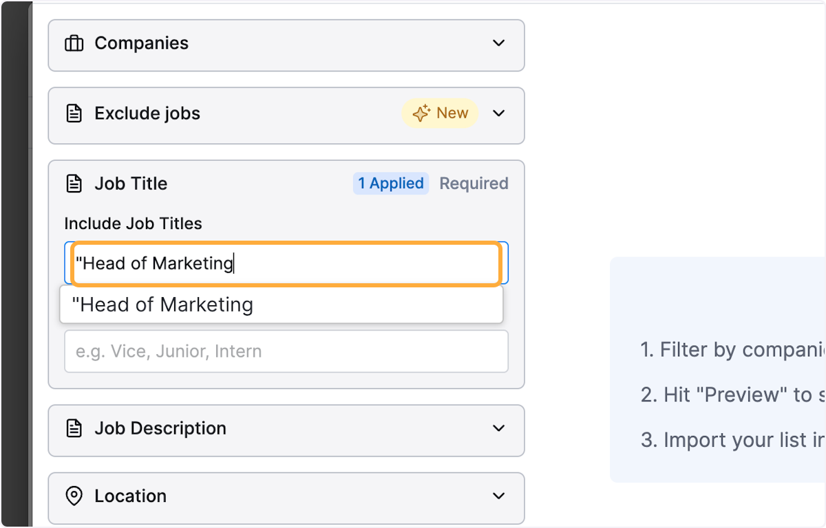 Type the job title you are searching for. In this example "Head of Marketing