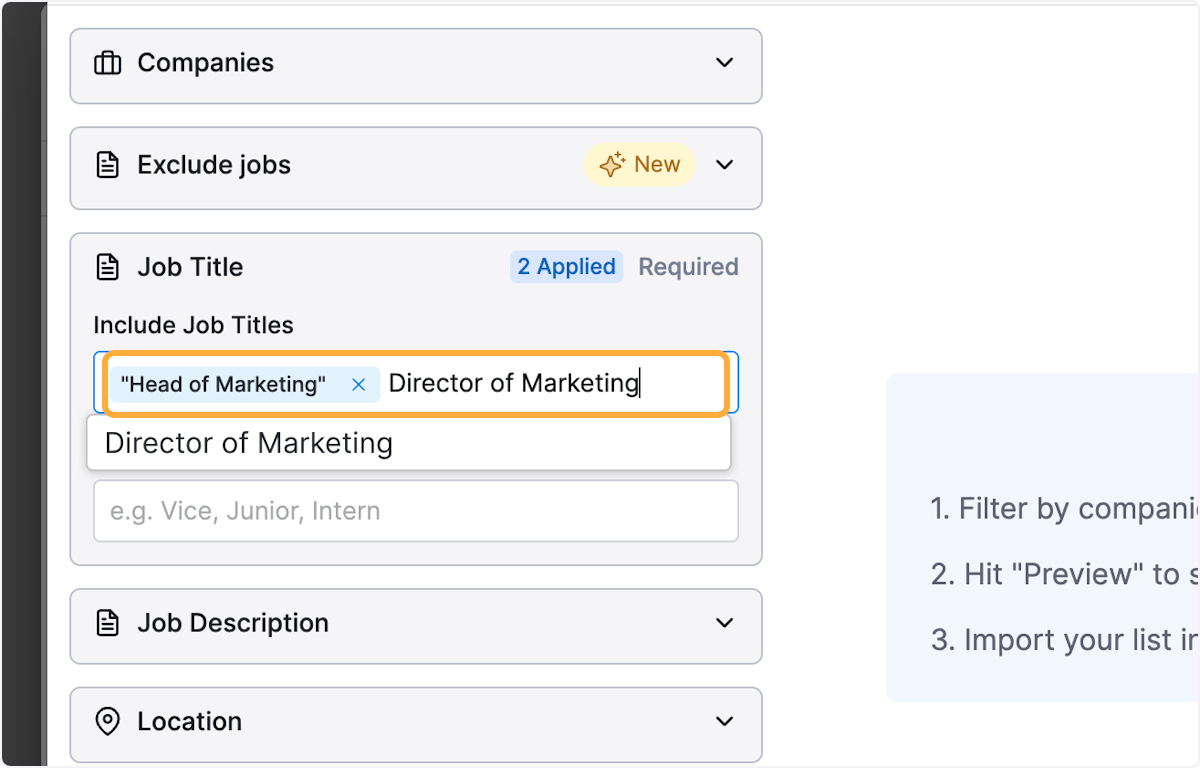 Type alternative job titles. In this example: "Director of Marketing"…