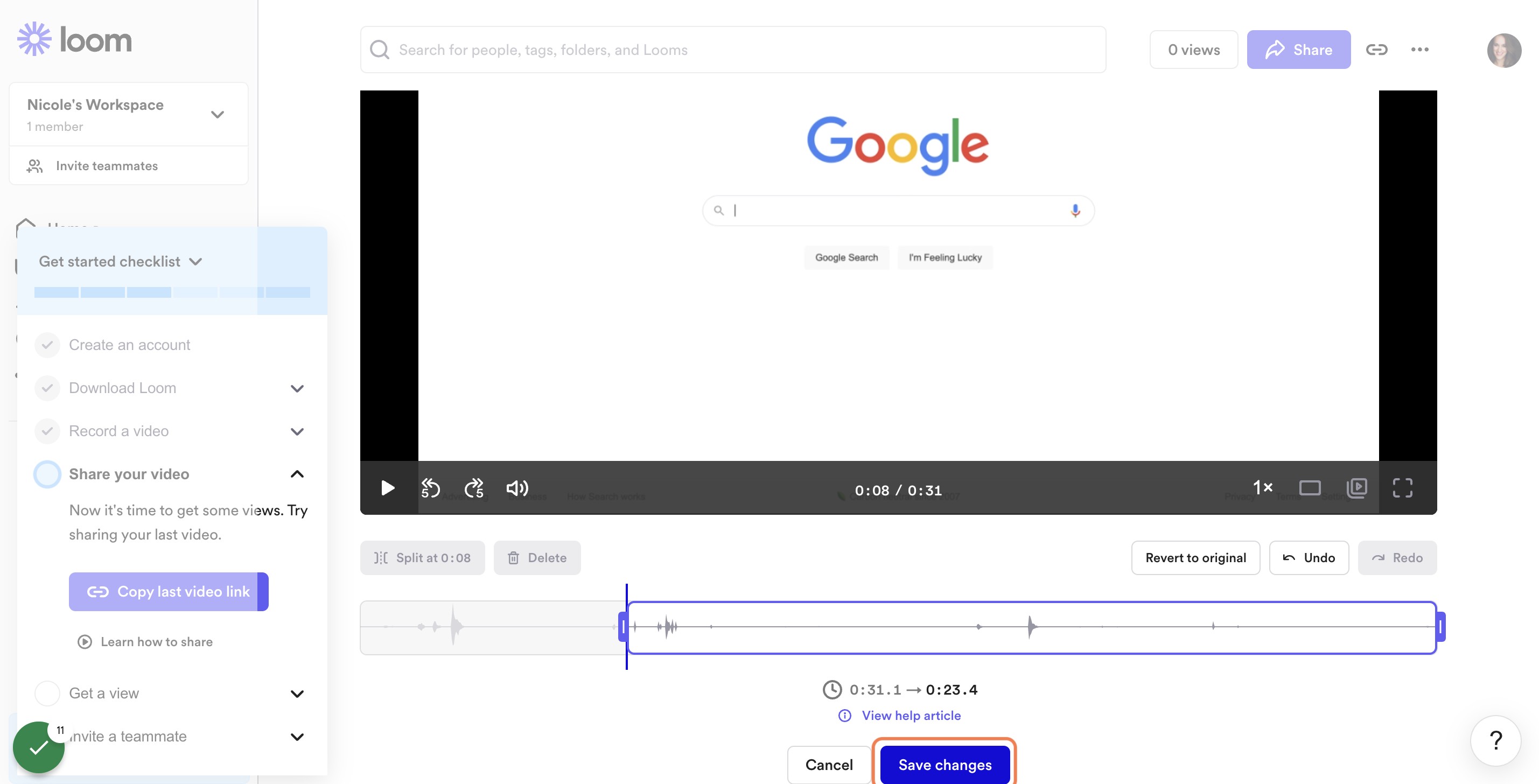 When you are satisfied with your trimmed video, click "Save changes"