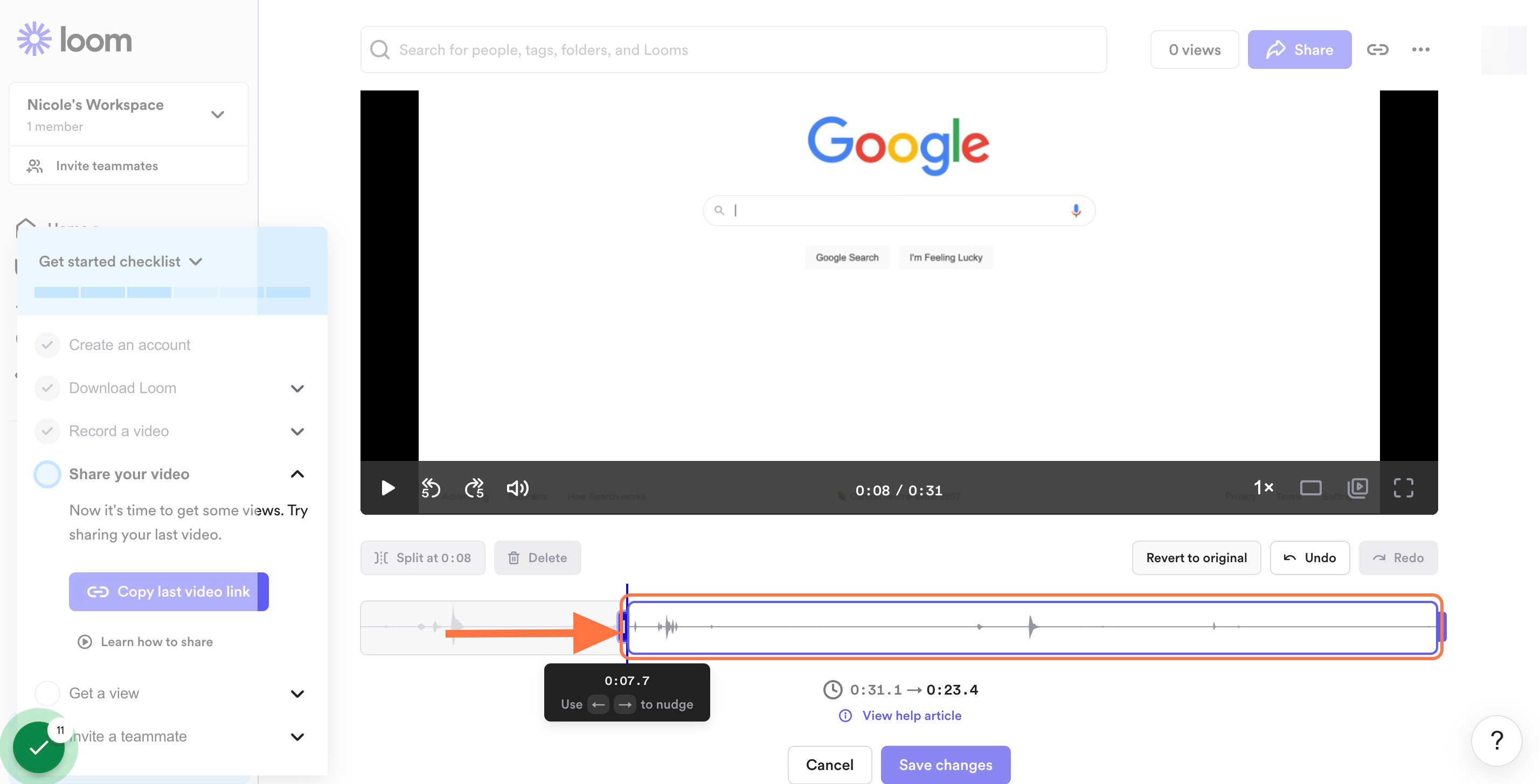 Drag the highlighted element to eliminate the section of the video you'd like to trim