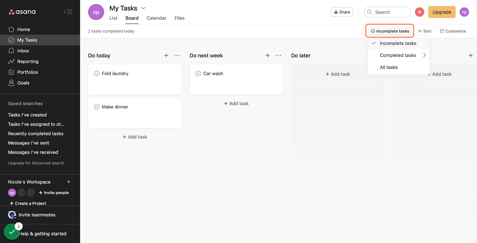 Click on "Incomplete tasks"