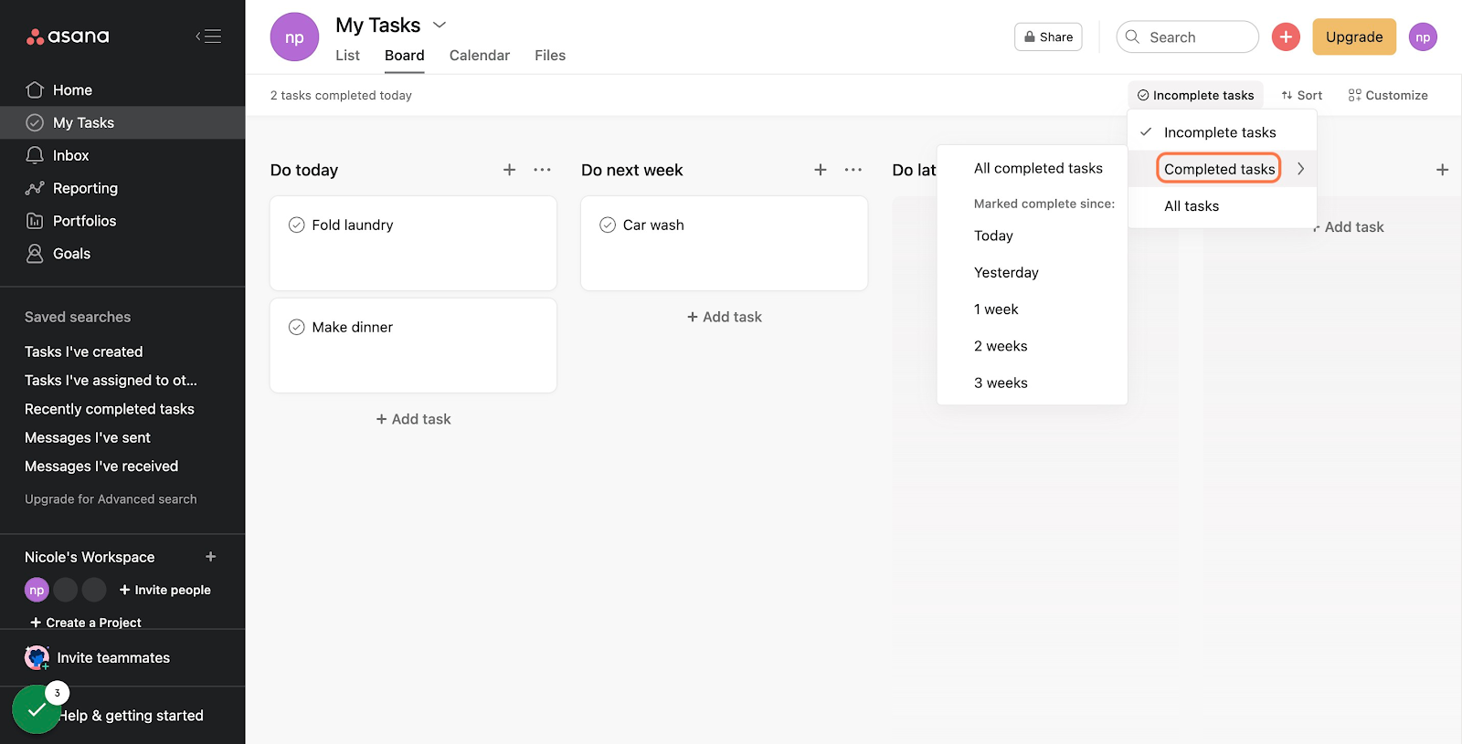 In the dropdown menu, click on "Completed tasks"