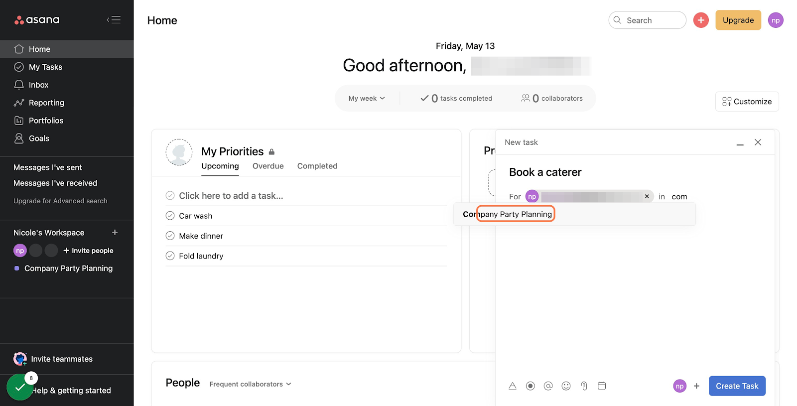 Select the project where you want your task to live