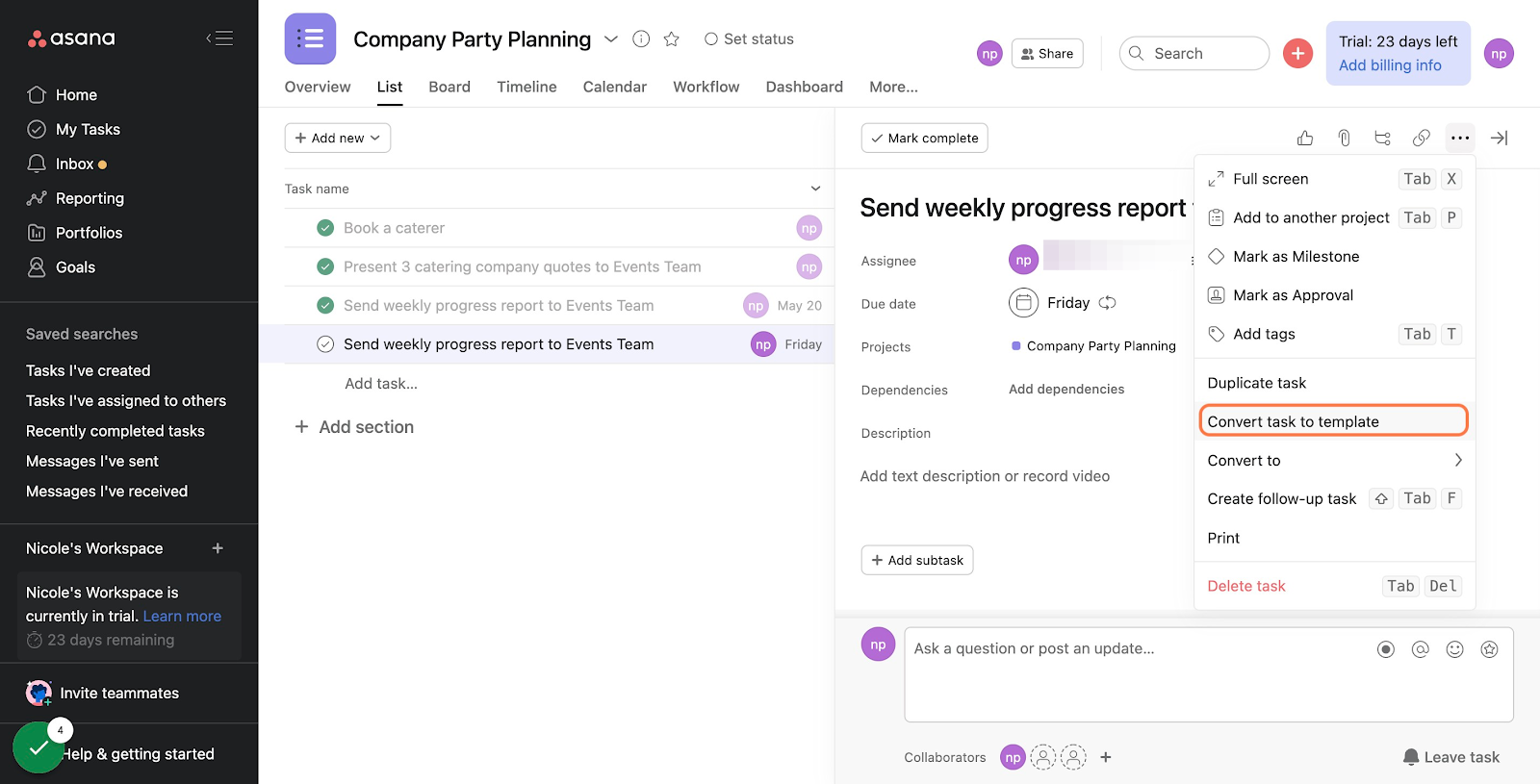 Click "Convert task to template"