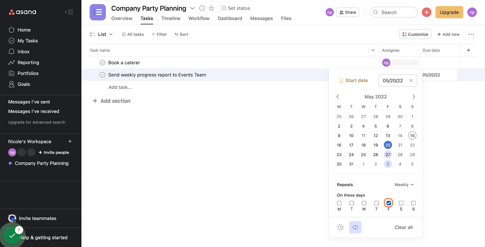 Once you've selected your cadence, choose which day(s) you'd like your task to recur
