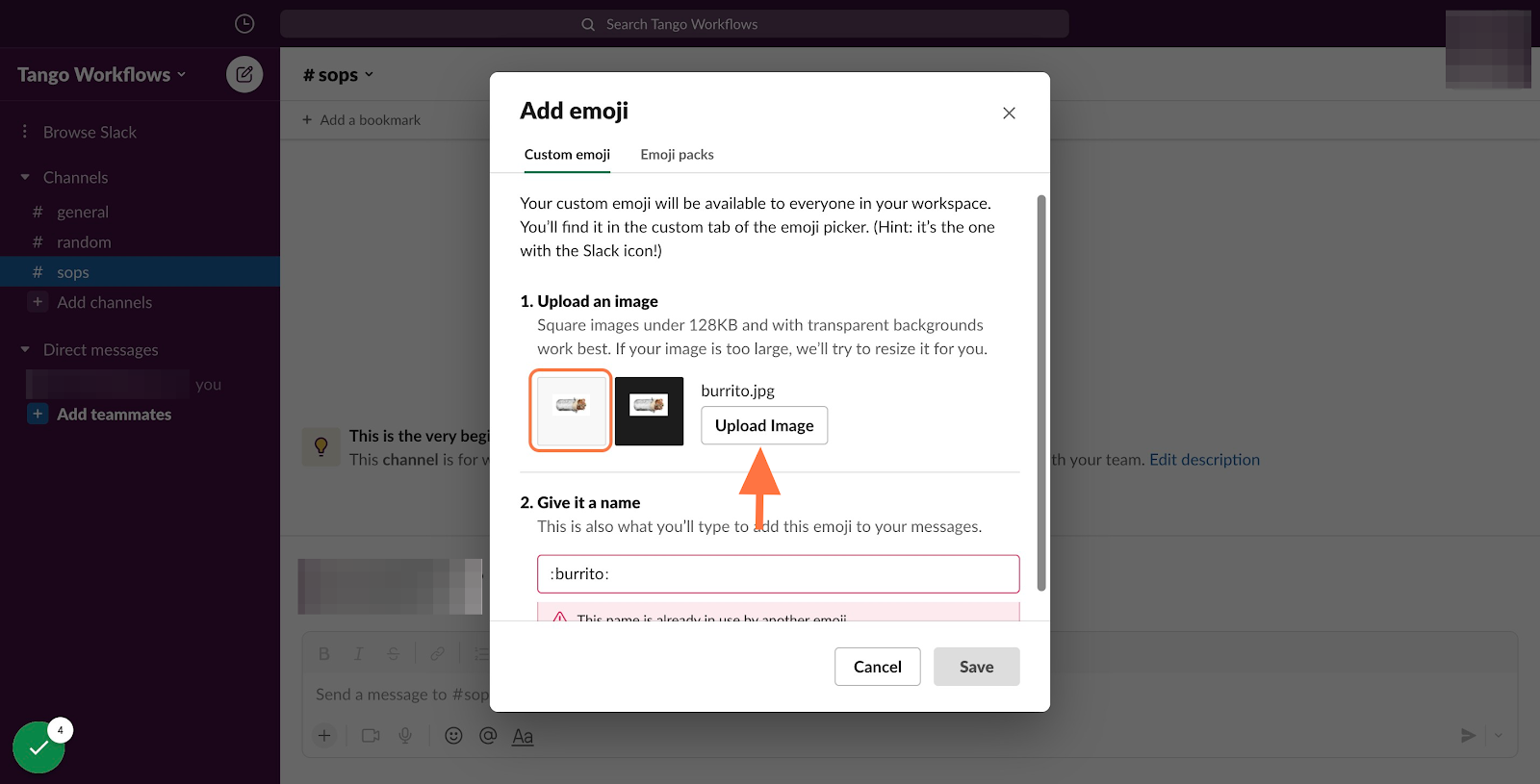 Click "Upload Image" and select the image you'd like to use for your custom emoji