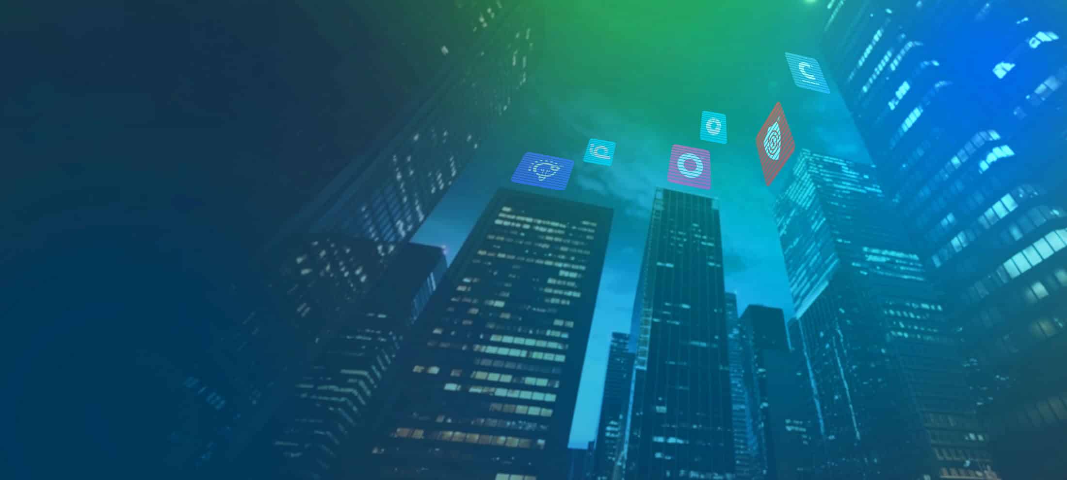 A view of tall city skyscrapers at night, illuminated by various colorful icons floating above, set against a gradient blue and green background.
