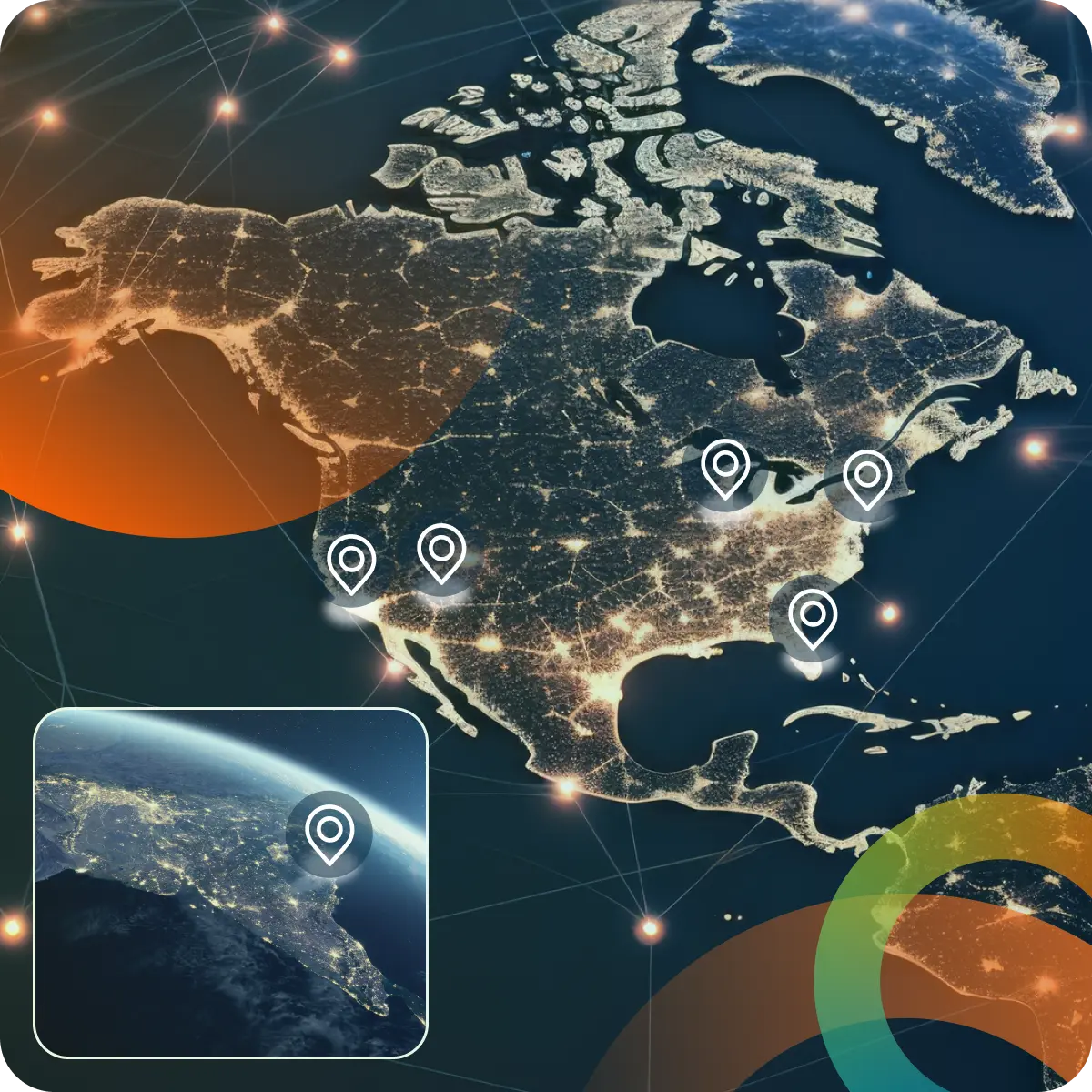 A map of North America shows multiple location pins placed on various regions in the USA, indicating significant points. The night-lights illustrate densely populated areas. An inset at the bottom left provides a closer view of another specific location in India, highlighted by a pin.