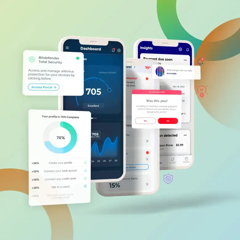 3 floating phones showing various IDIQ brands and corresponding widgets floating around them