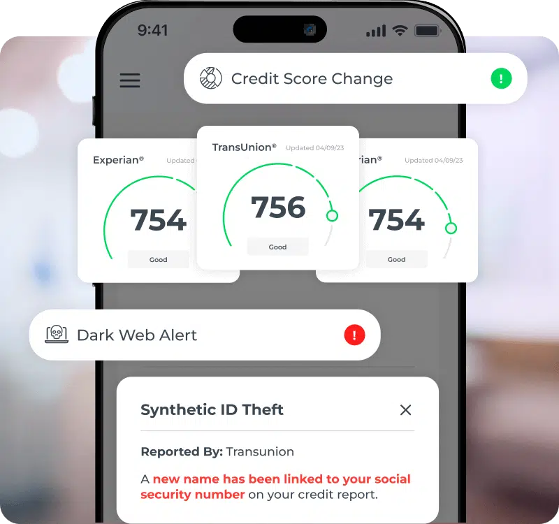 A smartphone screen of the IdentityIQ app displays various credit score notifications, including scores from Experian and TransUnion, both labeled "Good." Another notification alerts to a dark web alert. It also notes synthetic ID theft, stating a new name has been linked to the user's social security number, suggesting possible rent reporting benefits.