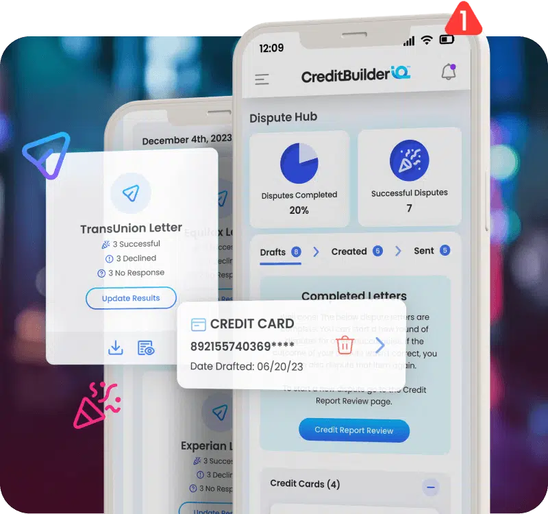 A smartphone screen displays the CreditBuilderIQ member site, showing dispute status, completed letters, and a credit card draft with the number partially visible. A notification icon is located at the screen’s top left corner. Another phone screen in the background highlights rent reporting features and identity theft protection tools.