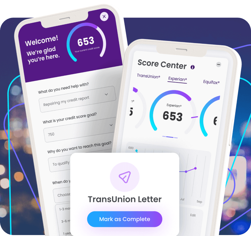 Two smartphones with the CreditScoreIQ member site displaying a credit score of 653 on white screens with purple accents. The screens are labeled "Score Center" and "Welcome! We're glad you're here." A smaller "TransUnion Letter" card with "Mark as Complete" is in front of the phones, integrating helpful tools for effective credit management.