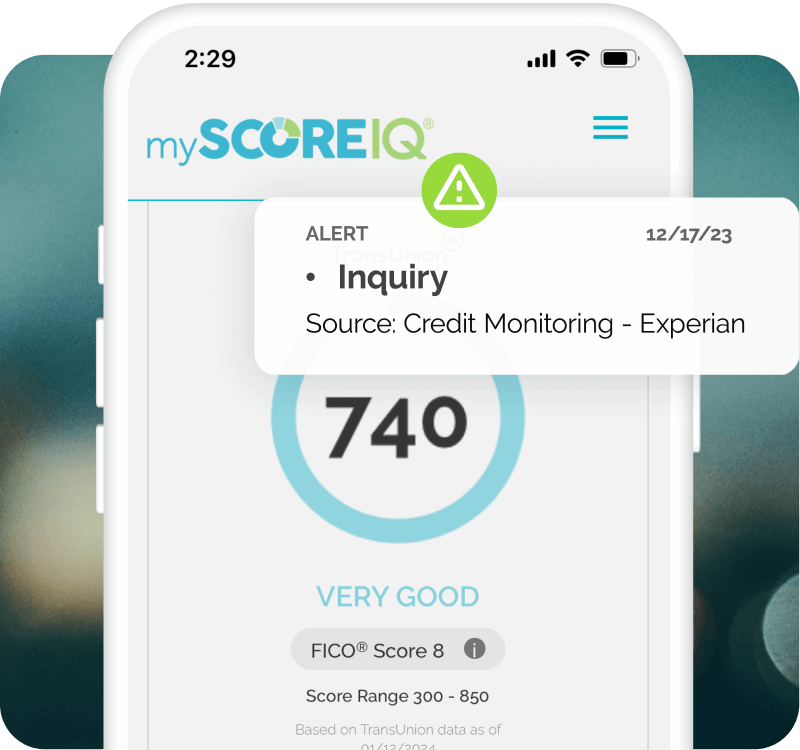 A smartphone screen displaying the MyScoreIQ member site showing a credit score of 740 labeled as "Very Good." An alert bubble at the top indicates an inquiry from "Credit Monitoring - Experian" dated 12/17/23, highlighting comprehensive credit management and identity theft protection.