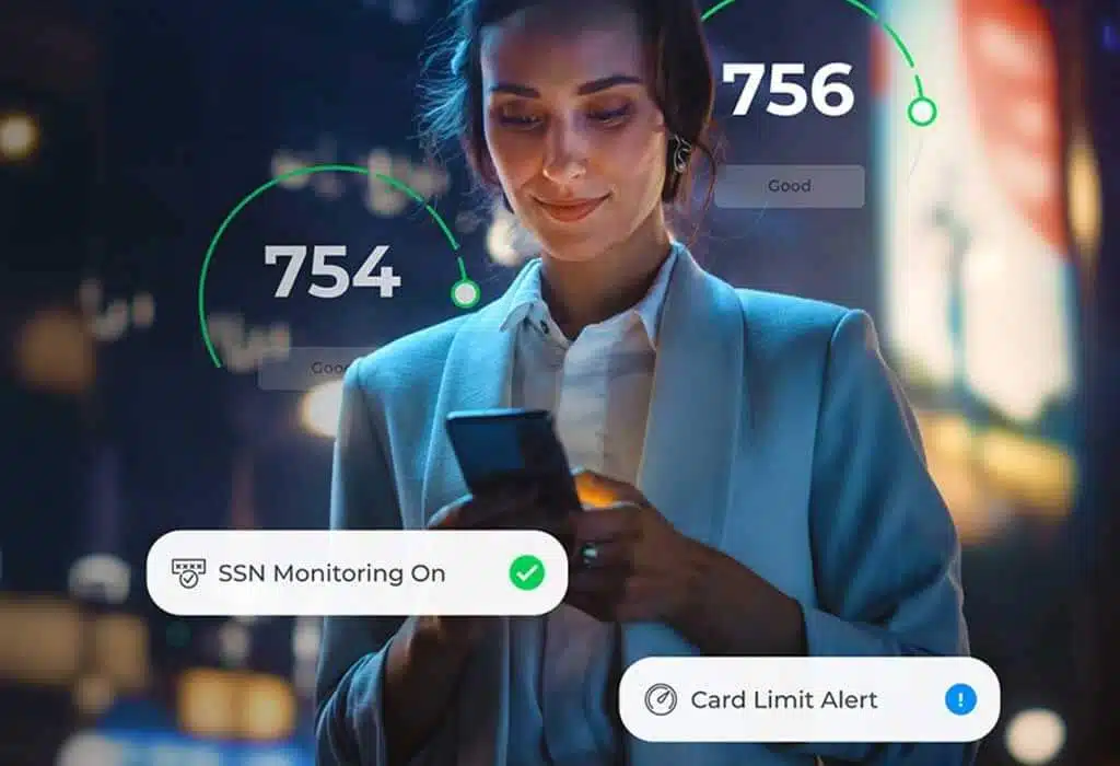 A woman in a business suit is looking at her smartphone while standing outdoors at night. Two credit scores, 754 and 756, are shown around her. Icons and text below her indicate that identity theft protection is on and there is a card limit alert.