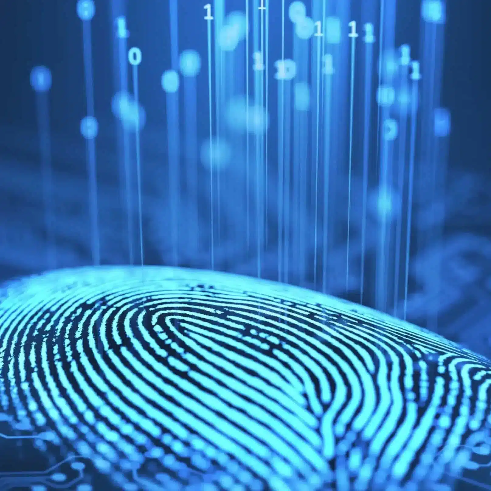 A digital fingerprint in blue tones is overlaid on a circuit board background. Vertical lines of binary code (ones and zeros) rise from the fingerprint, giving a futuristic impression of identity theft protection and technology integration.