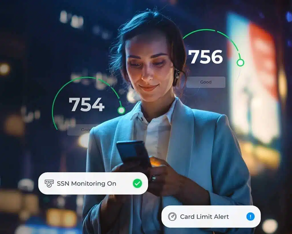 A woman in a business suit is looking at her smartphone while standing outdoors at night. Two credit scores, 754 and 756, are shown around her. Icons and text below her indicate that identity theft protection is on and there is a card limit alert.