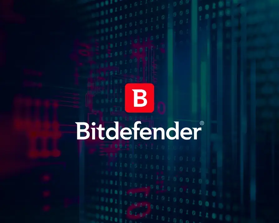 The image features the Bitdefender logo with a large red "B" above the word "Bitdefender" in white text. The background consists of abstract digital graphics and binary code, emphasizing cybersecurity and technology along with identity theft protection.