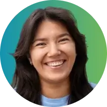 A person with long dark hair is smiling broadly. The background features a gradient from blue to green, subtly hinting at the importance of credit management in everyday life.