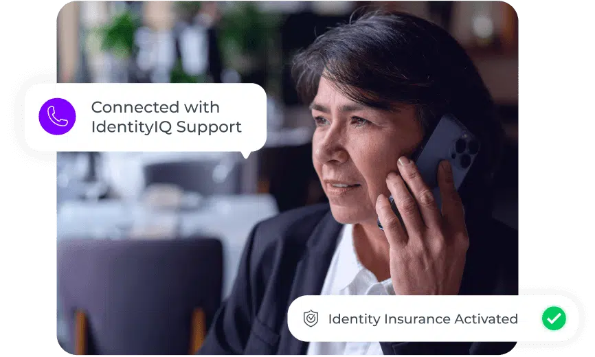 A person is talking on a smartphone in a restaurant setting. A text bubble says, "Connected with IdentityIQ Support." At the bottom right of the image, an icon of a shield and checkmark indicates "Identity Theft Protection Activated.