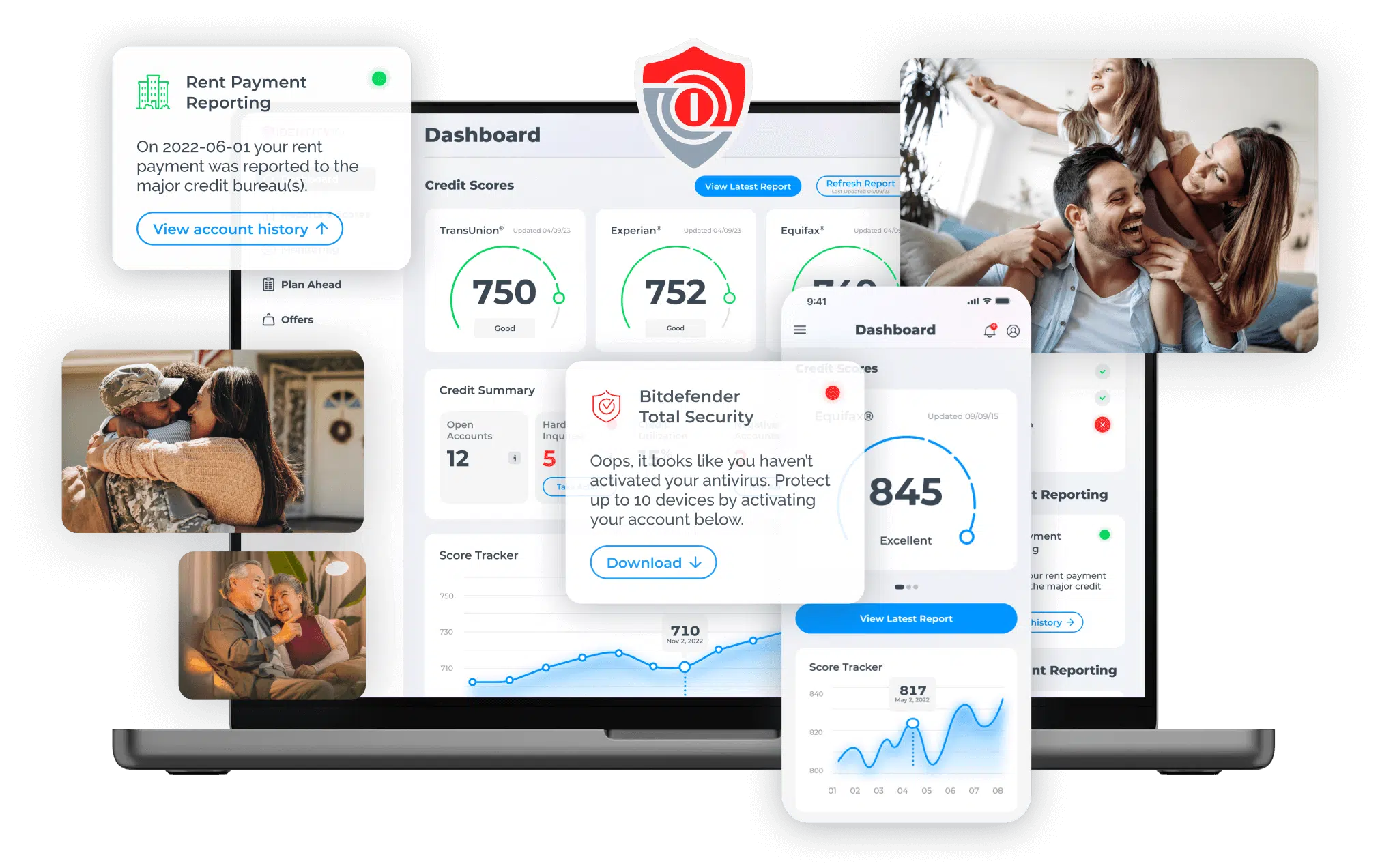 A laptop screen shows a credit score monitoring dashboard, IdentityIQ, with scores ranging from 750 to 845. Surrounding the laptop are images of a family cheering, a couple hugging an elderly woman, and a person holding a smartphone displaying antivirus activation. Credit management techniques ensure this impressive score range.