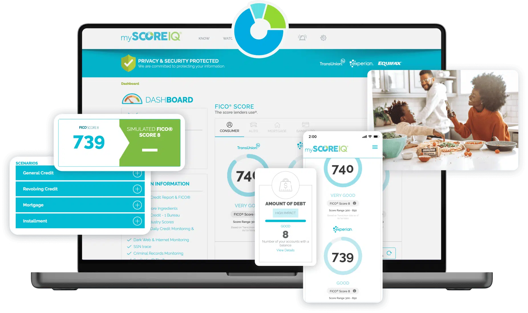 A laptop screen displays the MyScoreIQ dashboard with various credit scores from Experian, TransUnion, and Equifax. Surrounding the laptop are a tablet and phone showing similar credit score stats. Behind the devices, a family enjoys breakfast in the kitchen. Integrating rent reporting can enhance these insights.