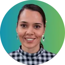 A smiling person with long dark hair pulled back, wearing a checkered shirt and dangling earrings. The background is a gradient of blue to green, illustrating their involvement in identity theft protection services.