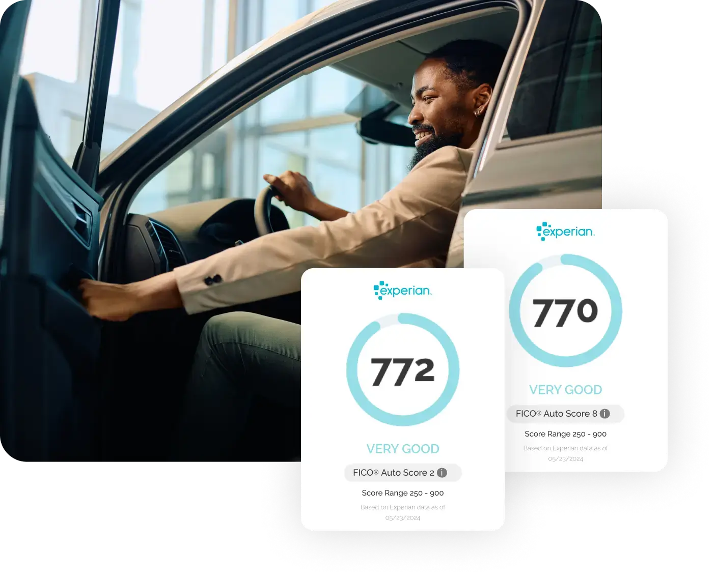 A man smiles while sitting in the driver's seat of a car, with the door open. In the foreground, two credit score reports from Experian show scores of 772 and 770, labeled as "Very Good" within a score range of 250 to 900 using the FICO Auto Score 8 format—highlighting strong identity theft protection.