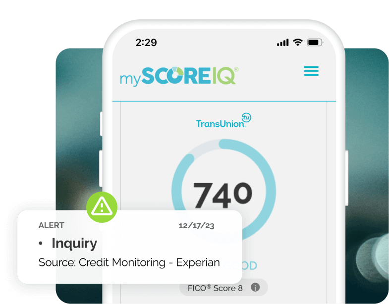 A smartphone screen displays the MyScoreIQ member site, showing a credit score of 740 from TransUnion. An alert indicates an inquiry from Credit Monitoring - Experian dated 12/17/23. The time on the phone reads 2:29. Enhanced identity theft protection and IDIQ features add layers of security and credit management.