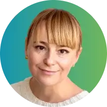 A woman with blonde hair and bangs, wearing a white top, is smiling softly. The background is a gradient of blue and green, adding a serene touch.