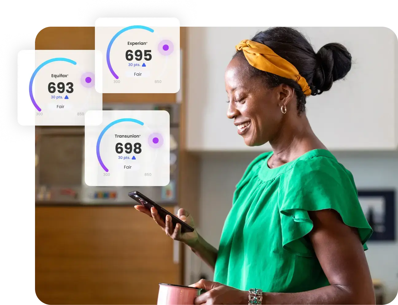 A woman in a green shirt and a yellow headband stands in a kitchen, smiling while looking at her phone. Beside her are three floating graphics showing credit scores: Equifax (693), Experian (695), and TransUnion (698), all labeled as "Fair." Rent reporting services are subtly integrated into the scene.