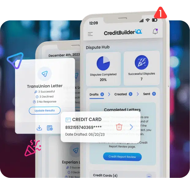 A smartphone screen displays the CreditBuilderIQ member site, showing dispute status, completed letters, and a credit card draft with the number partially visible. A notification icon is located at the screen’s top left corner. Another phone screen in the background highlights rent reporting features and identity theft protection tools.