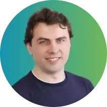 A person with short dark hair is smiling and wearing a dark blue shirt. The background features a circular gradient transitioning from teal to green, hinting at an interest in credit management.