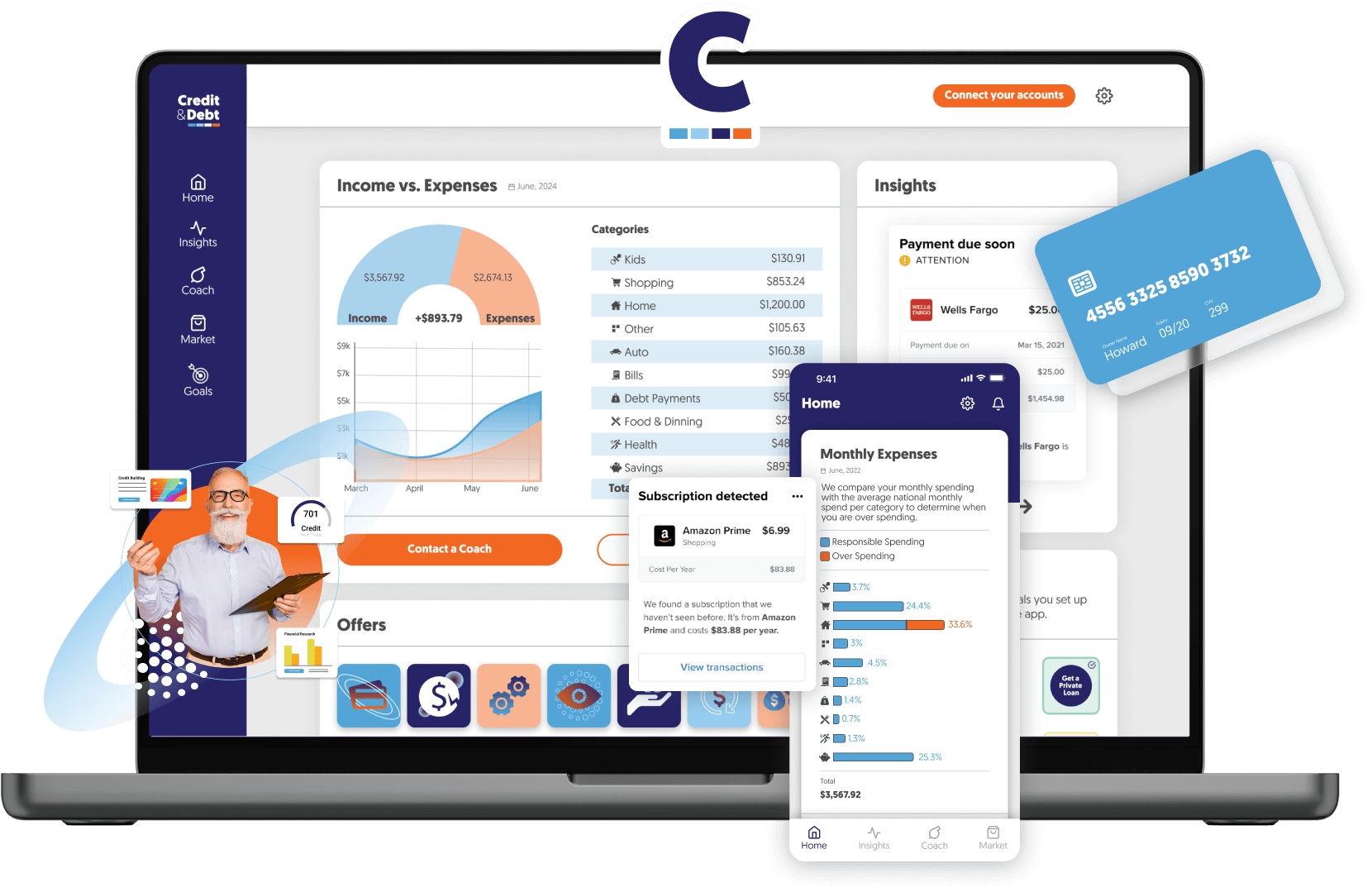 A laptop screen displays a personal finance dashboard, called Credit & Debt, with charts and expense categories. A smartphone shows a monthly expenses report. Floating elements include a blue credit card, payment due notification, and a man giving a thumbs-up with icons around him, emphasizing rent reporting and identity theft protection.