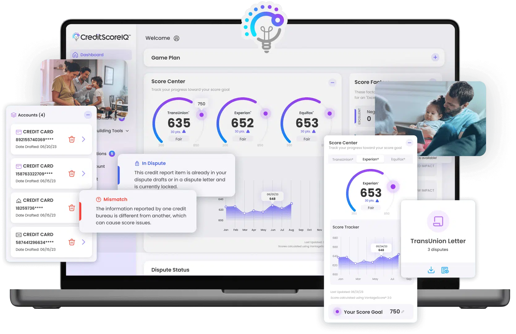 A laptop screen displaying the CreditScoreIQ dashboard, including credit scores, dispute status, errors, and notifications. Various credit scores and alerts shown on the screen highlight both IDIQ’s identity theft protection and employee benefits services, alongside mobile versions displaying similar information.