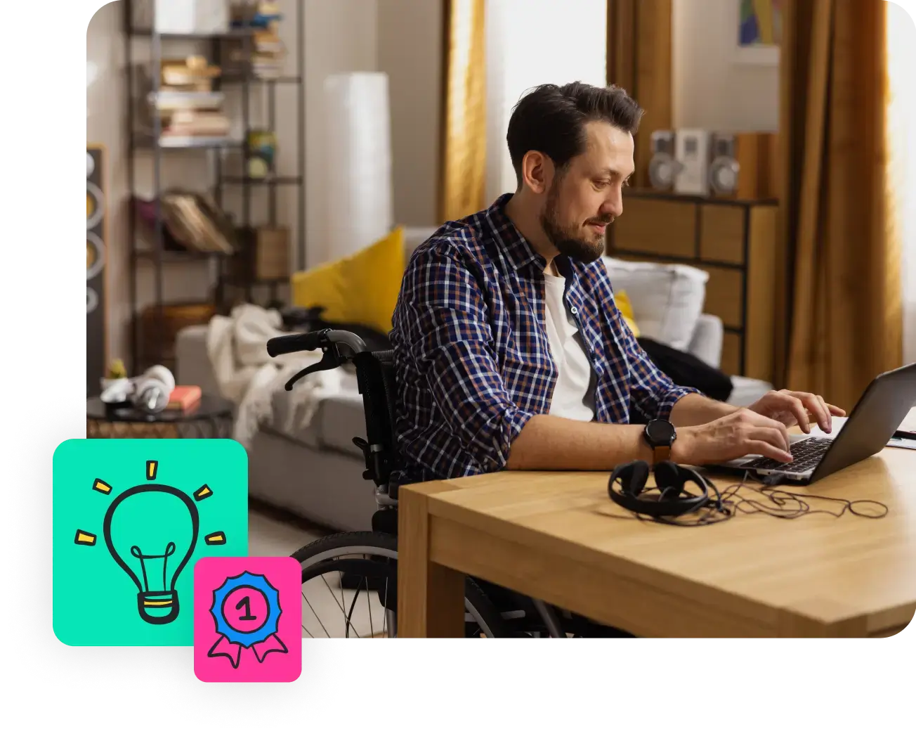 A person sitting in a wheelchair is typing on a laptop at a table in a cozy living room. Nearby, there are icons of a light bulb and an award ribbon. The person is focused on their work, with headphones resting on the table, possibly managing their rent reporting tasks.