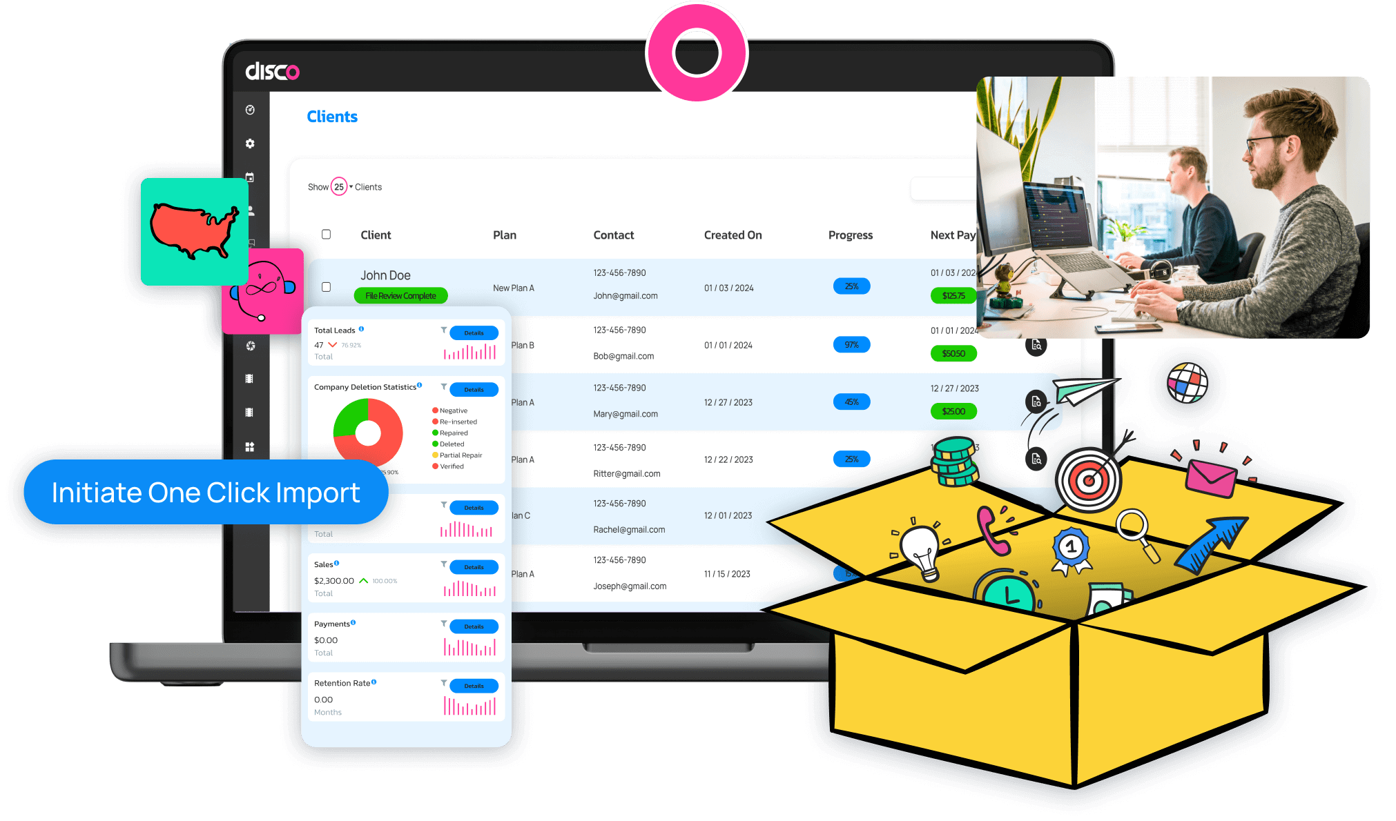 A laptop screen displays a client management interface, called Disco, featuring charts, progress bars, and client details. Overlay includes icons of an open box with business-related symbols, a map of the USA, and people working at desks. Button text reads "Initiate One Click Import," highlighting features such as employee benefits and identity theft protection.