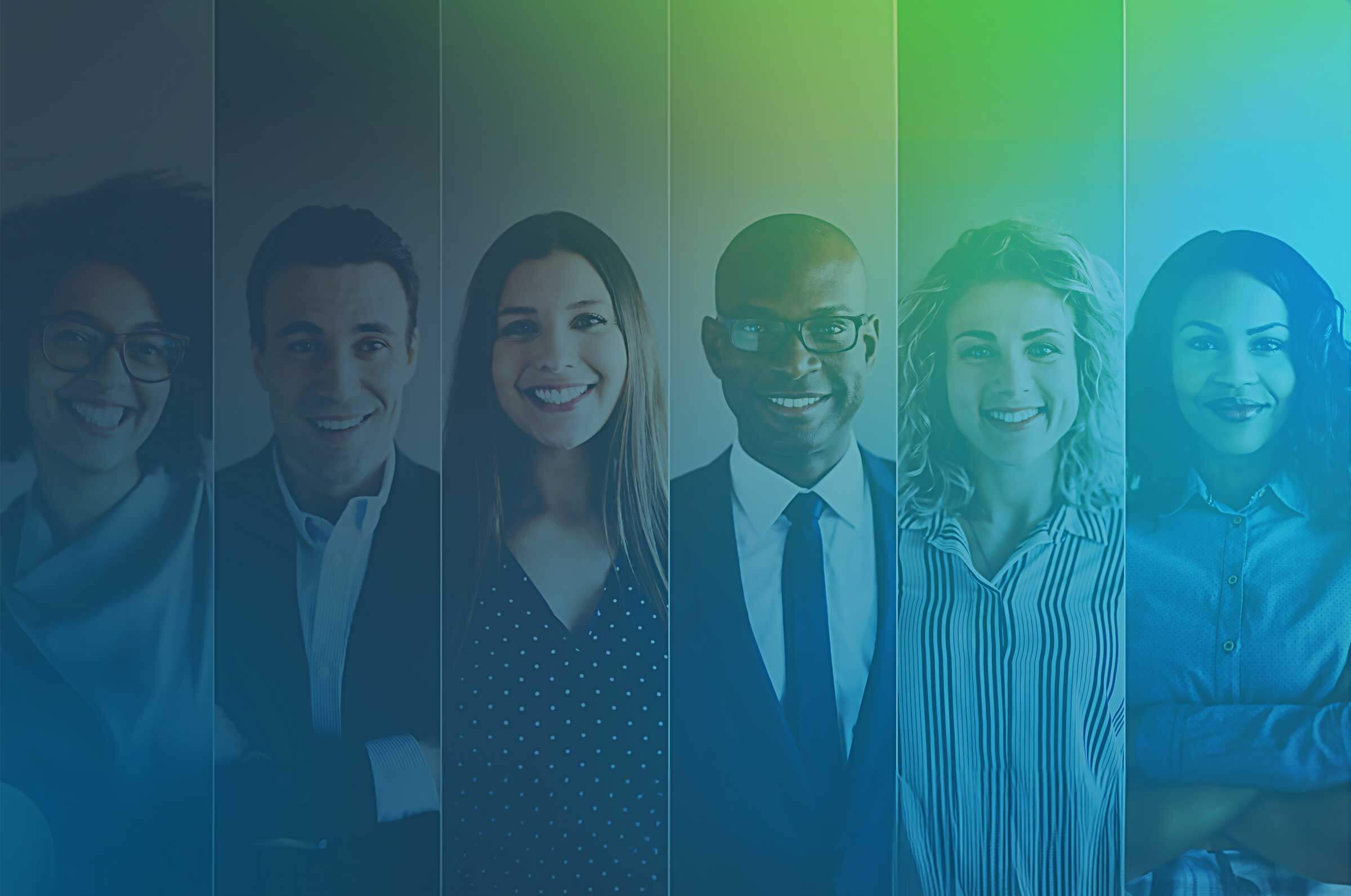 A diverse group of six individuals standing side by side, with varying hairstyles and clothing styles. The background has a gradient of blue and green hues, giving a modern appearance.
