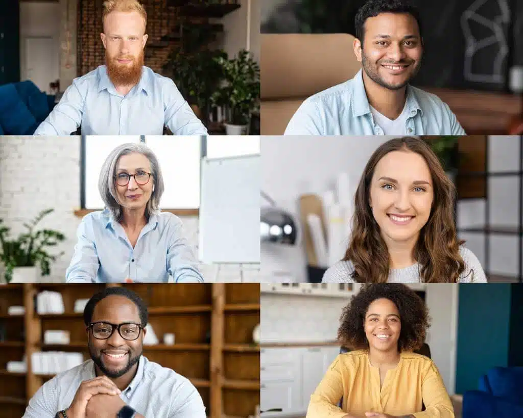 A collage of six diverse people smiling at the camera. The top row shows two men and one woman, the middle row has two women, and the bottom row includes one man and one woman. Highlighting a harmonious work environment, they are each in different indoor settings, exemplifying excellent employee benefits.