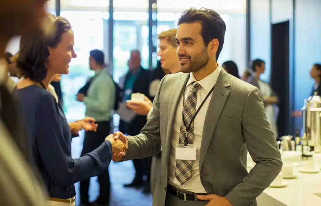 A man in a suit and tie with a name tag is shaking hands with a woman in a blue blouse at a networking event in a well-lit room. Several other individuals are conversing in the background, discussing employee benefits and identity theft protection.