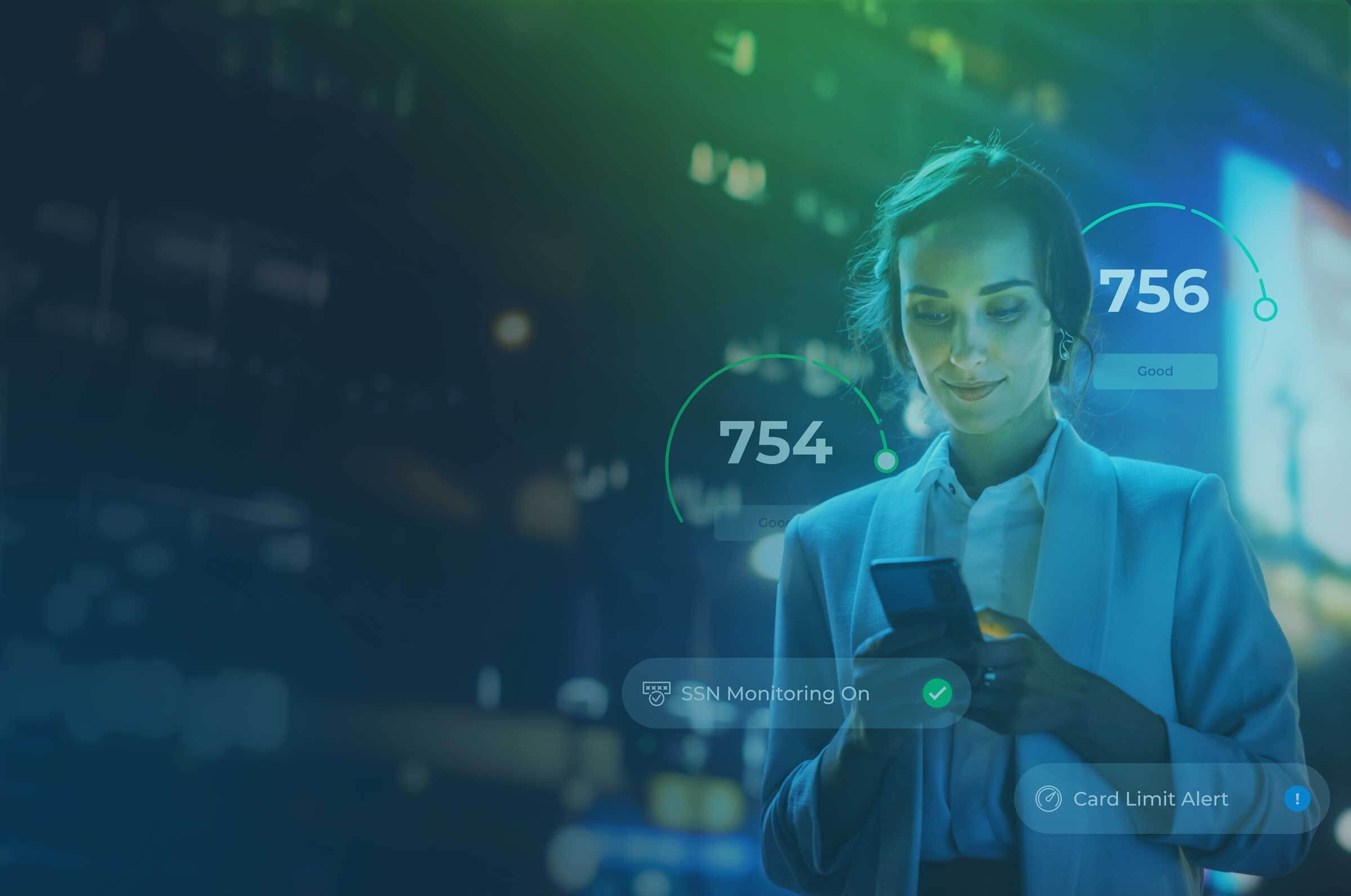 A woman in a light blue suit checks her smartphone at night, with illuminated city lights in the background. On the screen, numbers indicate scores and alerts, including 754 and 756.