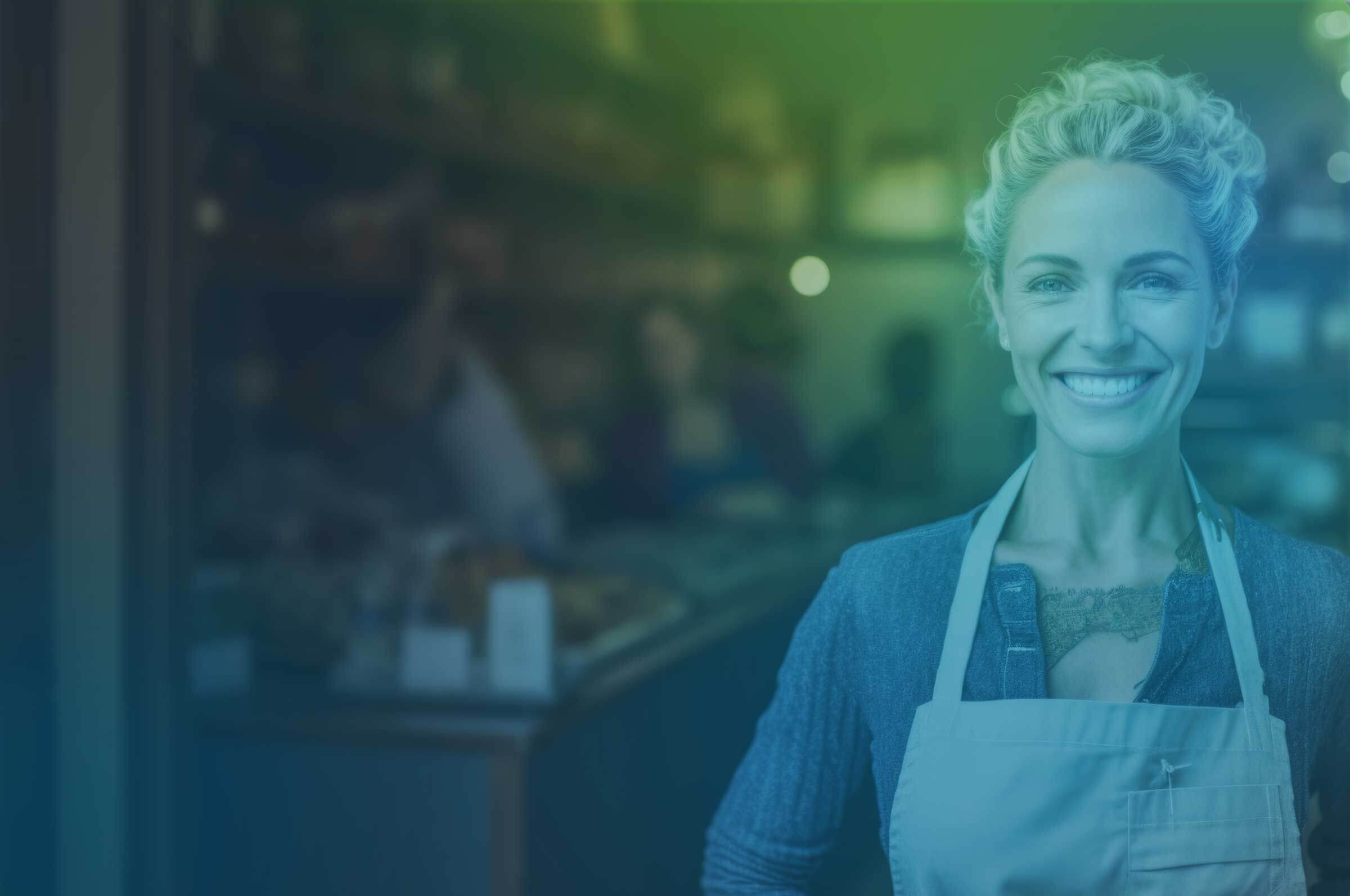 A smiling woman wearing a gray apron stands in front of a café, with shelves of food items in the background. The image has a gradient overlay with green and blue hues.
