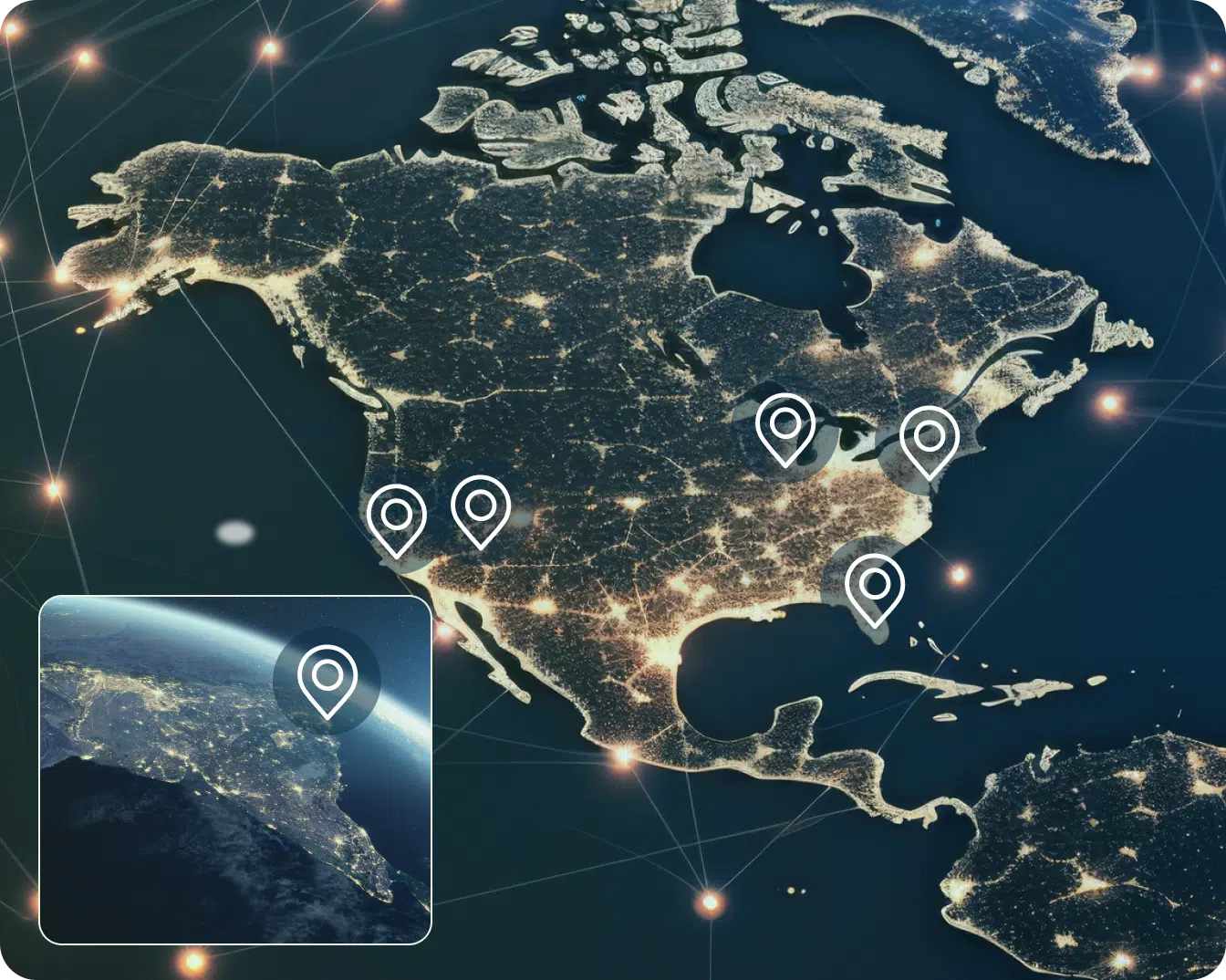 A digitally rendered map of North America at night shows a network of illuminated cities and connections. Several map pins indicate specific locations in the U.S. and Canada. An inset image highlights a zoomed-in section of India.