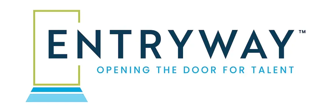 Logo of Entryway, featuring the word 'ENTRYWAY' in bold blue letters with the tagline 'OPENING THE DOOR FOR TALENT' in a lighter blue below. A stylized door icon appears beside the text.