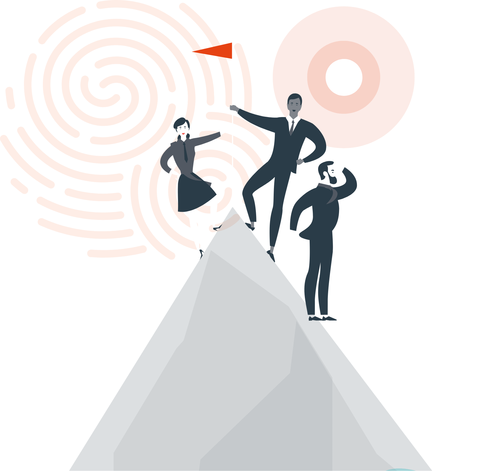 Three business professionals, one holding a flag, standing triumphantly on a stylized mountain peak against a backdrop of concentric circles and a solid red circle.