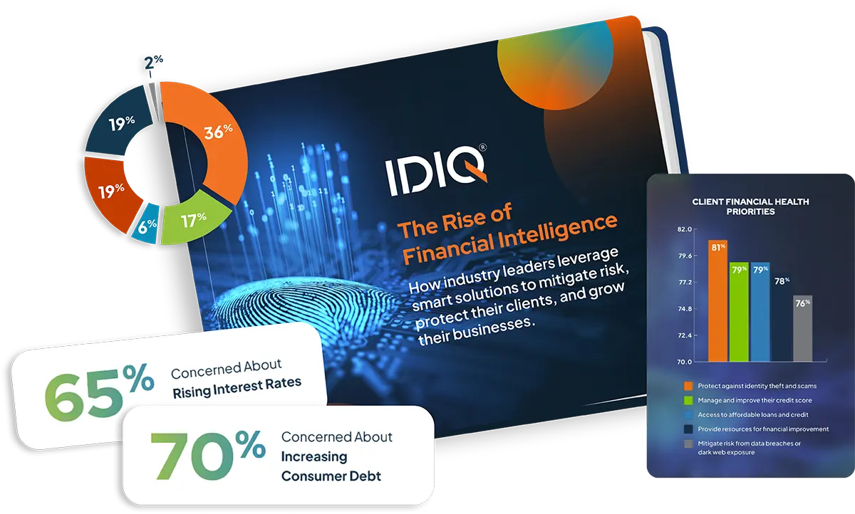 An infographic titled "The Rise of Financial Intelligence" shows a pie chart with segments labeled 49% (orange), 36% (black), and 17% (green). Text highlights concerns: 65% about rising interest rates and 70% about increasing consumer debt.