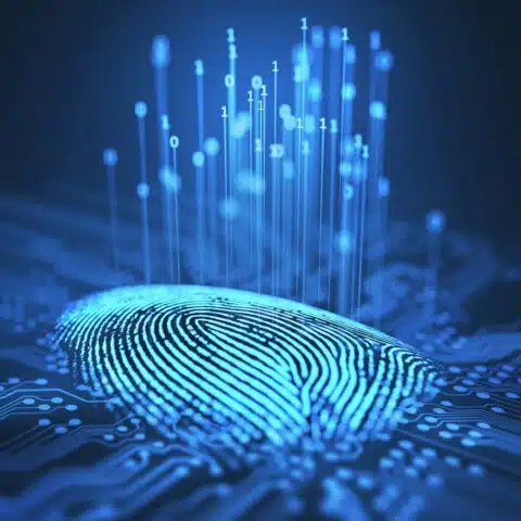 A glowing blue fingerprint on a digital circuit board, with binary code numbers rising from it, symbolizing technology and digital security.