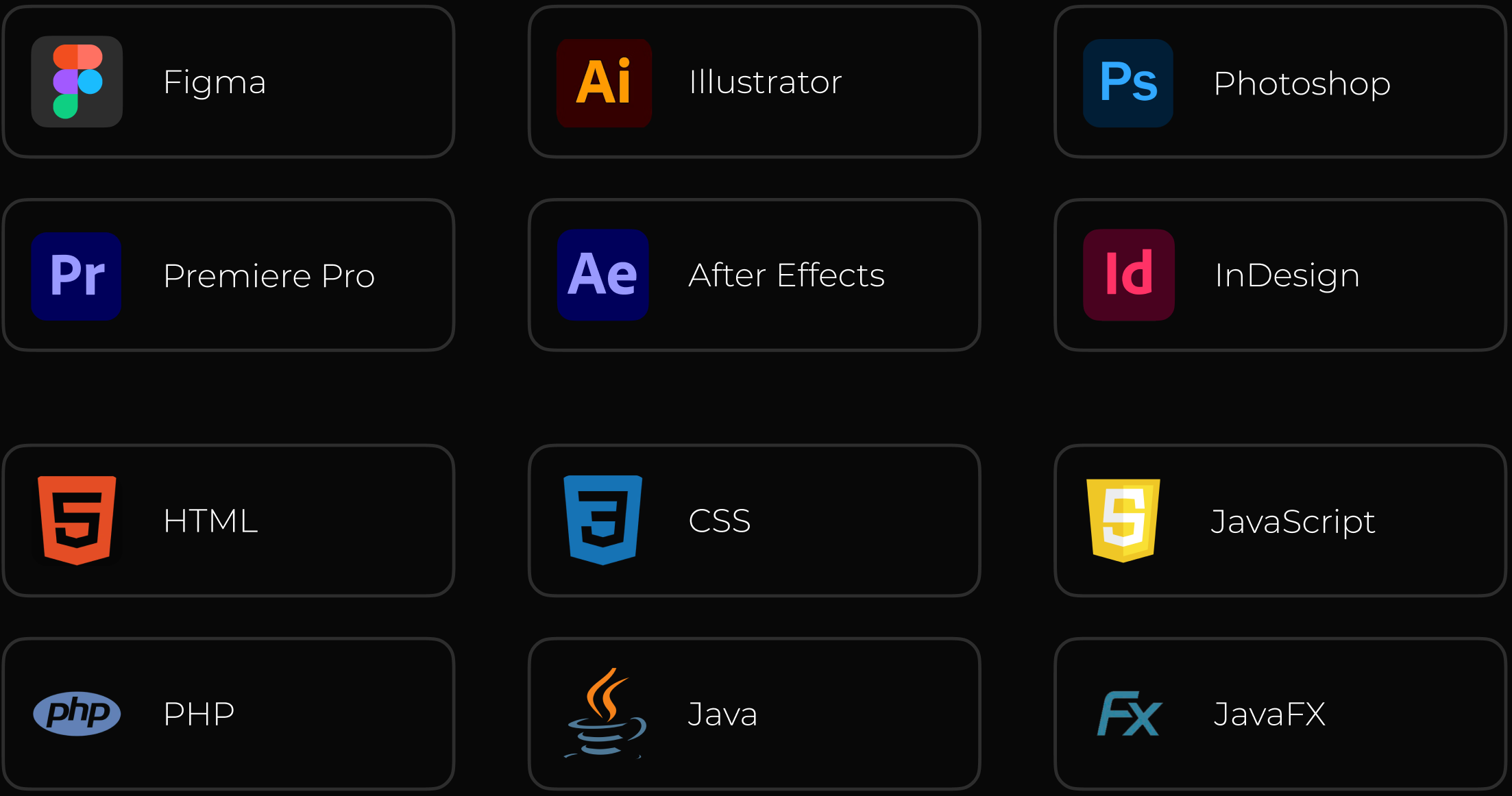 Liste der Vertrauten Tools: Figma, Ilustrator, Photoshop, Premiere Pro, After Effects, InDesign, HTML, CSS, JavaScript, PHP, Java, JavaFX