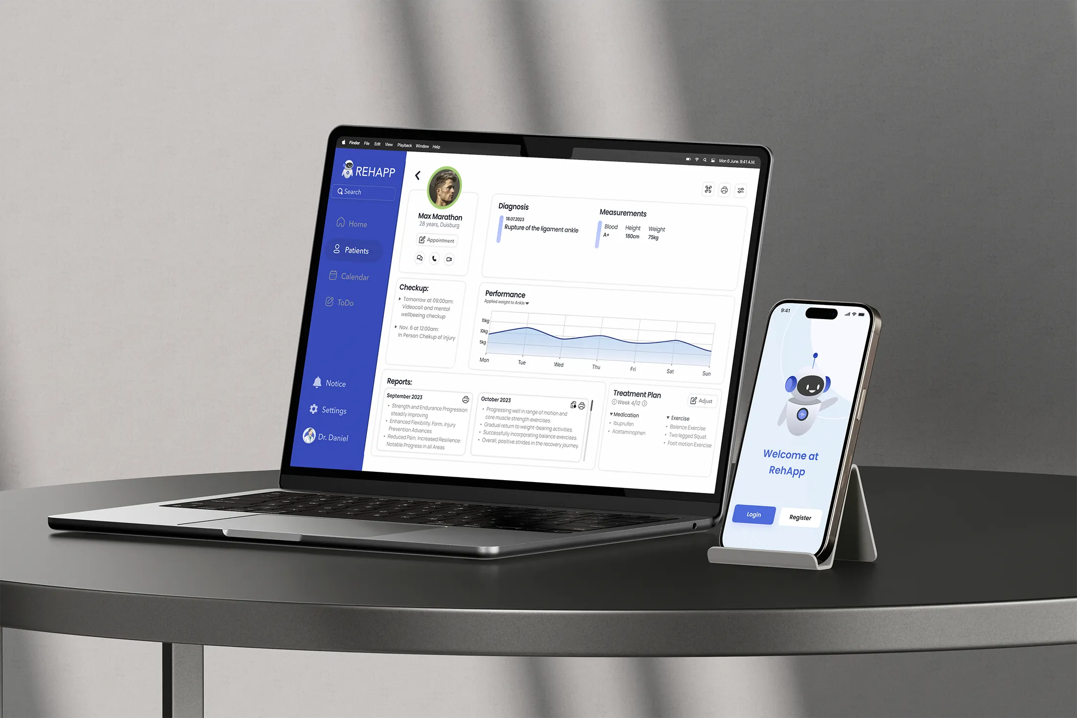 Mockup der Rehapp-Anwendung auf einem Laptop & einem Handy