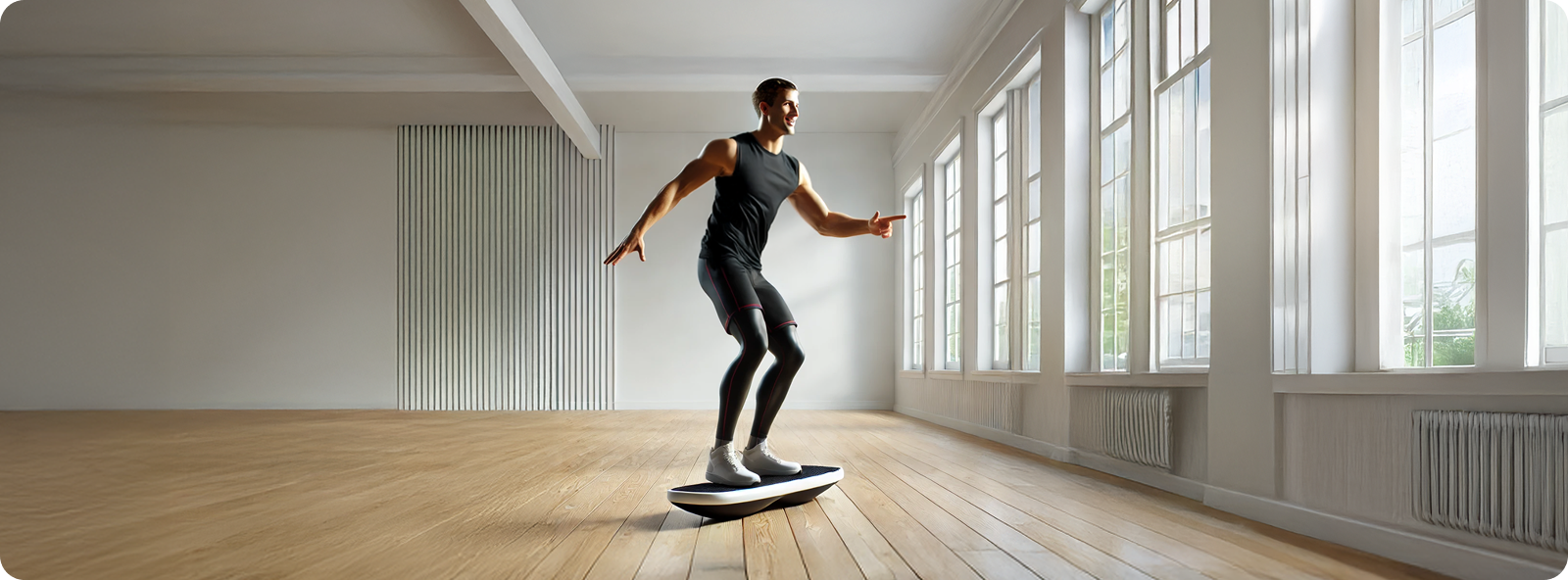 Visuelle Darstellung des Smart Balance Boards während ein Mann darauf trainiert.